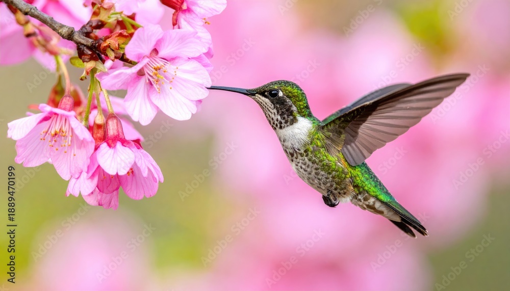 Fototapeta premium Hummingbird feeding on pink blossoms in soft focus