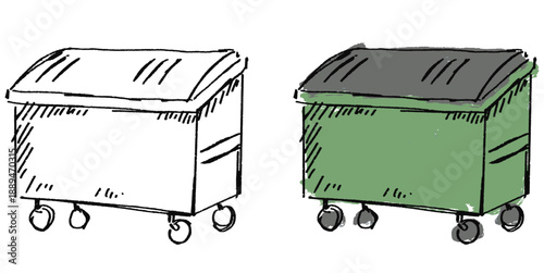 Grunge sketch handdrawn dumpster vector for urban waste themes. Ideal for street art styles, pollution concepts, and recycling campaigns. Rough texture design.