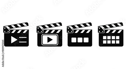 A series of black and white clapperboard icons depicting various stages of video production