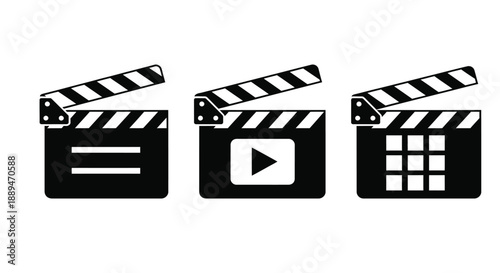 Three black film clapperboards depicting different symbols convey the process of filmmaking and media production