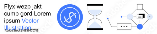 Financial efficiency, time management, workflow optimization, data processes, automation, digital systems. Circular dollar sign, hourglass network nodes. Time management and financial efficiency