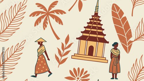 Southeast Asian Cultural Pattern with Traditional Temple, People, and Tropical Elements