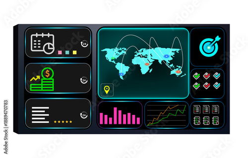 Business data analytics dashboard with global map visualization.