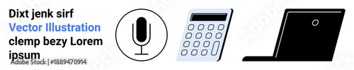 Communication tools, educational resources, remote work, technology, office use, multimedia. A microphone, calculator and laptop in separate styles. Communication tools and educational resources