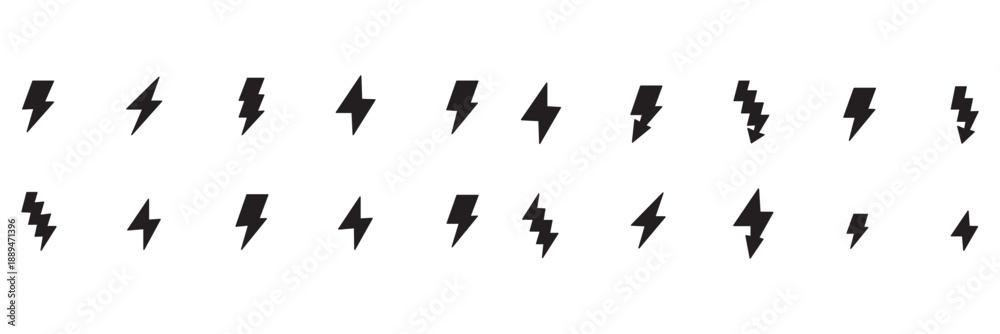 Obraz premium Black lightning bolt icons set vector illustration showing energy, electricity, thunder power, high voltage, and speed symbol for technology, weather, and energy design concept.