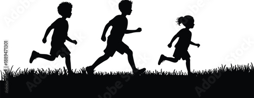Black silhouette of three children running across a grassy field against a white background, conveying energy and childhood activity