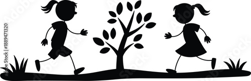 Black silhouette of two children running on either side of a small tree, symbolizing childhood and outdoor play