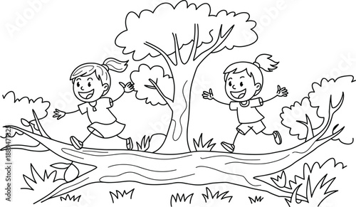 Cheerful cartoon of two young girls joyfully running and playing on a fallen tree trunk in a park setting with trees and grass