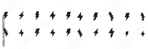 Black lightning bolt icons set vector illustration showing energy, electricity, thunder power, high voltage, and speed symbol for technology, weather, and energy design concept.