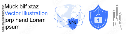 Cybersecurity, data protection, secure connection, online privacy, encryption, internet safety. Blue shield with lock, VPN globe. Cybersecurity and data protection concept