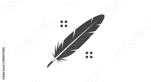 A minimalist illustration features a black feather diagonally positioned with scattered dots creating a simple yet striking design