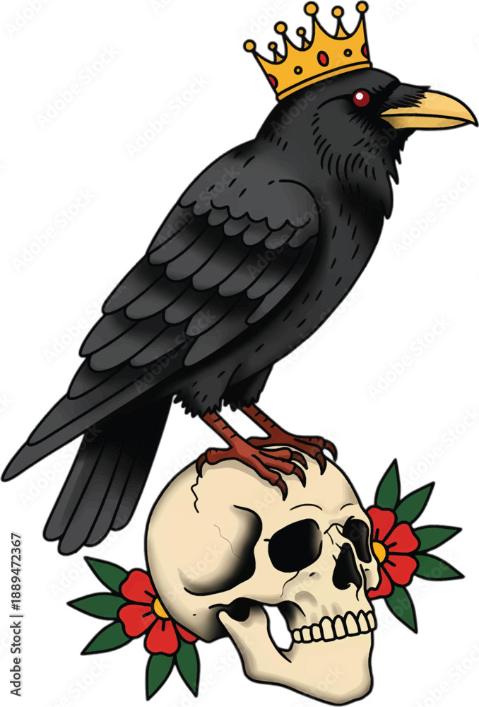 Naklejka premium Black Crow with Crown on Skull.