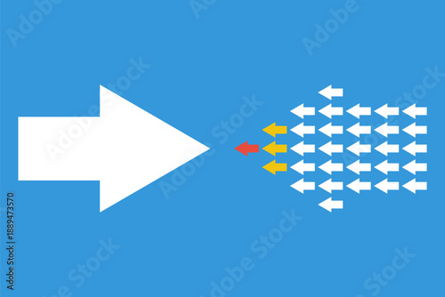 big arrow stands aside from crowd of small, asociality sociopathy destructive behavior, social conflict, boss and employees confrontation