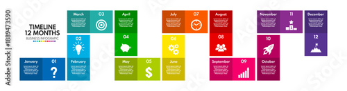 12 months or steps diagram, year strategy plan or project timeline, rainbow colors vector infographic template with business icons