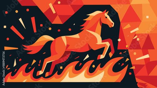 Illustration Of Fire Horse Jumping Over Fire Sparks, Celebration Background Vector Design Template