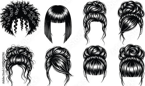 Collection, of, black, and, white, vector, illustrations, featuring, various, women, hairstyles, like, curly, hair, bob, cut, and, elegant, bun, updos
