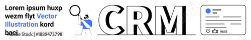 Customer management, data analytics, business solutions, CRM software, efficiency, digital tools. CRM letters, magnifying glass and data card design. Customer management and data analytics concept