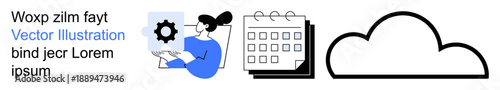 Data management, business planning, cloud services, organization, teamwork, and scheduling. Woman holding a gear icon, calendar and cloud shape . Data management and business planning concepts