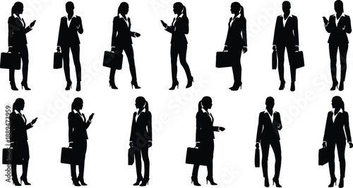 Professional Business Woman Silhouette Collection Standing with Briefcase and Smartphone Set of Corporate Female Figures in Suits for Office Concepts