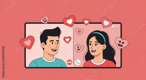 Couple video chatting with hearts on screen smiling