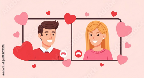 Couple video chatting with hearts on screen smiling happy