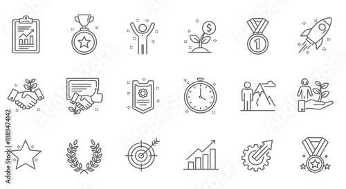 A collection of line icons representing achievement success awards and various business related concepts is shown