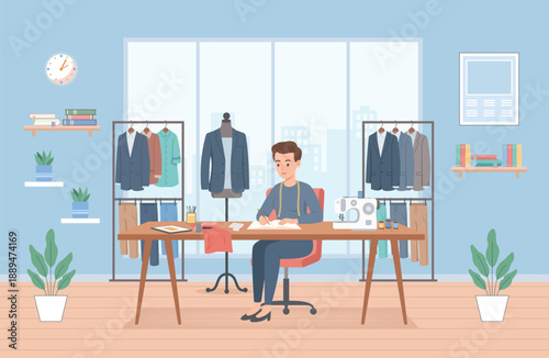 Fashion Designer Working in Studio with Sewing Machine and Dress Illustration