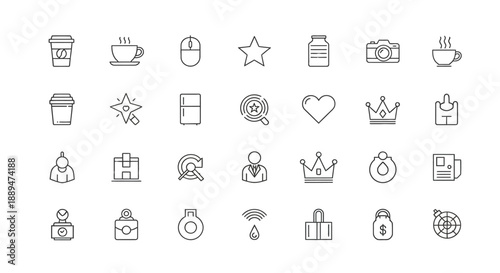Collection of minimalist line art icons depicting various objects symbols and everyday items in a single composition