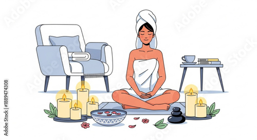 Woman relaxing in spa with candles and towels serene atmosphere for wellness and self care