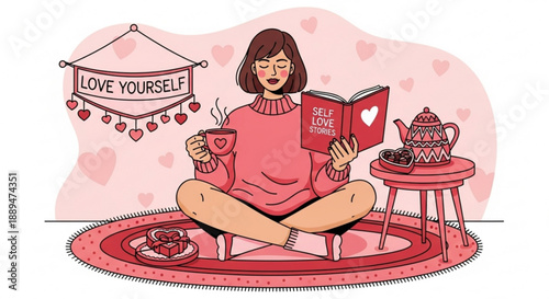 Woman practicing self love with coffee and book on pink rug