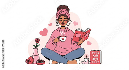 Woman relaxing with book and coffee on valentine's day with hearts and flowers