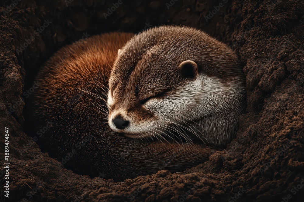 Fototapeta premium Otter sleeping curled up in a dirt burrow