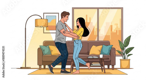 Couple dancing together in a cozy living room with modern furniture and warm lighting