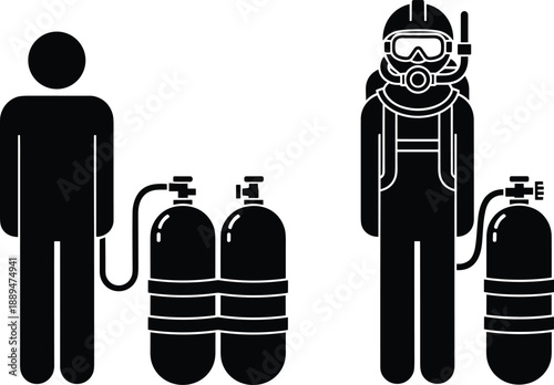 Vector icon set featuring scuba diver silhouettes, with oxygen tanks for diving equipment, underwater exploration, sports, education and safety signage.