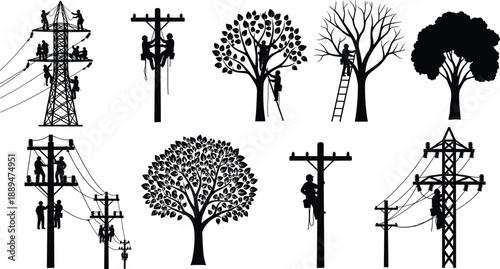 Vector silhouettes of utility linemen, working on electrical power poles, towers, and trimming trees, for energy maintenance and industrial infrastructure.