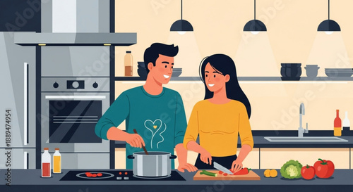 Couple cooking together in modern kitchen with vegetables and pot