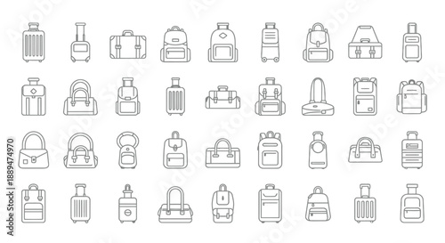 A collection of various travel and luggage items depicted in a simple black and white line art style