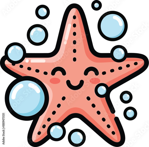 Cartoon Starfish with Smiling Face and Bubbles.