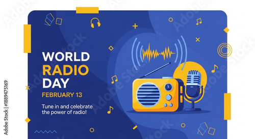 World radio day poster with radio and microphone on blue background