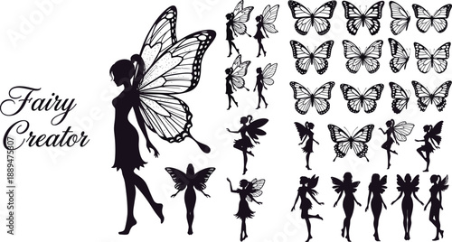 Fairy creator kit with magical winged girl silhouettes, butterfly wings set, fantasy character poses, mystical feminine icons, isolated black vector.