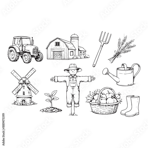 Farming and agriculture elements hand drawn sketches for rural life