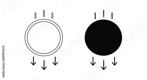 A minimalistic graphic depicts two circular shapes with arrows pointing downwards suggesting movement or force