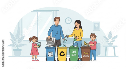 Family sorting recyclables and trash into color coded bins at home