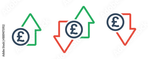 pound coin with green up an red down arrows, national currency cost trend, rise or fall exchange rate, positive or negative trend forecast