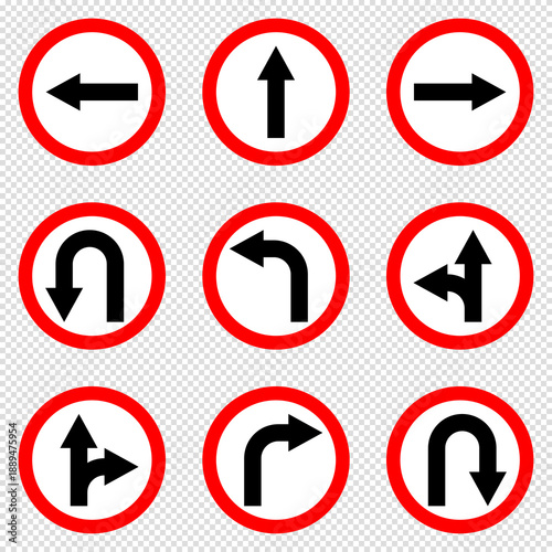 move forward and left right warning road sign collection, move direction attention, red circle vector pictogram Free Download move forward and left right warning road sign collection, move direction attention, red circle vector pictogram - GFXLoad