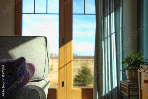 warm living room, modern home interior, view of rural neighborhood, modern architecture, couch and windows