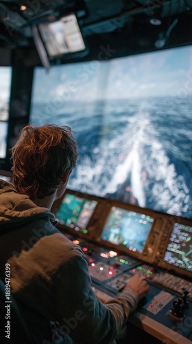 Person Operating Advanced Maritime Simulator in Modern Navigation Environment