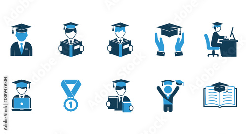 A collection of blue icons representing education graduation learning and academic achievements in a modern style