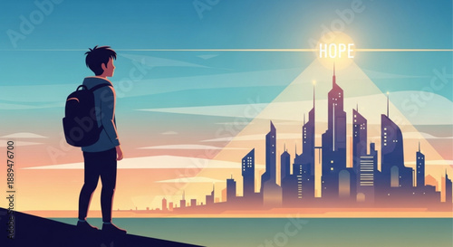 Young traveler with backpack standing on hill overlooking modern cityscape at sunrise with dramatic lighting