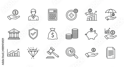 A collection of financial icons representing concepts like investment banking insurance and economic growth